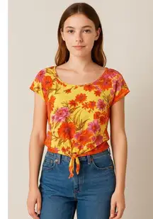 L8ter Tie-Front Floral Lace Back Crop Top Boho Summer M