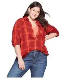 Ava & Viv Vibrant Red Plaid Shirt No Gap Plus Size Long Sleeve 2X