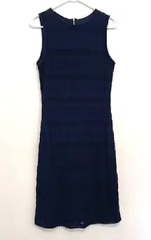 SHARAGANO Navy Blue Geometric Crochet Lace Sleeveless Work Midi Sheath Dress 10