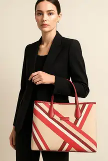 Longchamp Large Canvas Leather Tote Bag Red Stripe Cream Luxury Modern