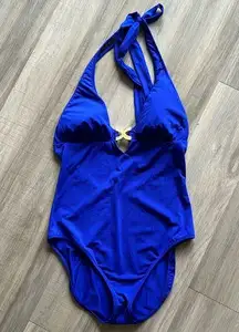 Trina Turk Royal Blue Gold Front Piece Cut Out Multi Wear Tie Back One Piece