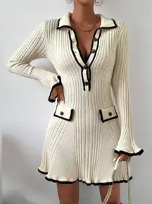 Cider KNIT COLLAR CONTRASTING BINDING LETTUCE TRIM MINI DRESS Ivory Black Small