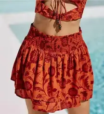 Anthropologie Beaded Mini Skirt Size Medium Orange Motif Smocked Floral Vacation