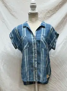 Thread & Supply Plaid Chambray Short Sleeve Button Up Blouse Size S