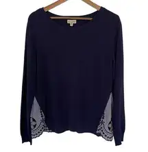 MAISON JULES Pullover Sweater Embroidered Hem Detail Navy Blue Size Large Casual