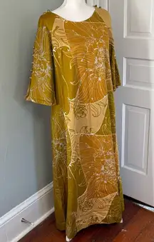 Vintage Waltah Clarkes Honolulu Elegant Floral Mustard Dress Large Hawaii