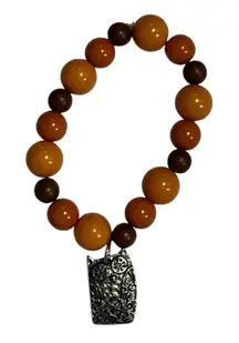 Owl Charm Orange and Brown Beaded Stretch Bracelet Fall Neutral Owl You Forever
