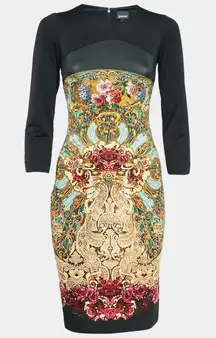 Just Cavalli Dress Womens M Black Printed Jersey Bodycon Art To Wear Y2K Artsy