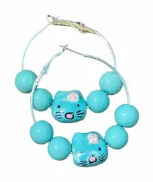 Kitty Cat Hoop Earrings Blue Bead Kawaii‎ Fun Cute Y2K Aesthetic Silver Tone