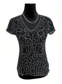 Pretty Angel Mesh Lined Black Silk‎ Blend V Neck Top M Fairy Y2K Witchy