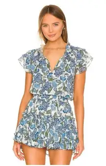 Revolve MISA Los Angeles Blue Green Floral Maria Ruffle Blouse Size Small