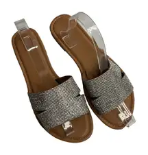 West Loop Women's Rhinestone Slide Sandals‎ Sz L 9/10 Silver Slip On Open Toe