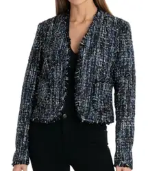 Bagatelle Navy Silver Metallic Tweed Biker Jacket sz small