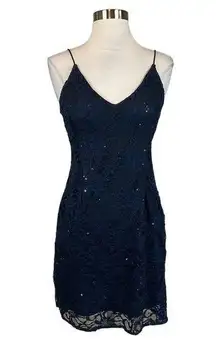 AQUA  Women's Cocktail Dress Size Large Blue Sequined Lace Mini Sheath