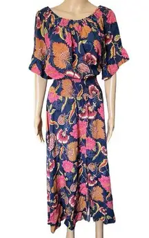 Jaase Blue Pink Orange Boho Hippie Indie Earthy Floral Smocked Ruffle Maxi Dress