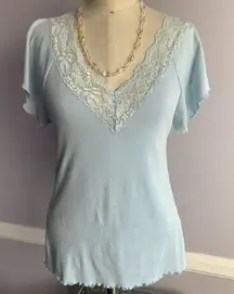 Light blue cotton top lace V front and back flutter sleeves Size Small