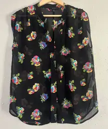 Elegant Black Floral Semi Sheer Blouse Colorful Lightweight Casual Office Small