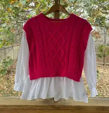 English Factory Women's Chunky Cable Knit Twofer Sweater Bright Pink Size M