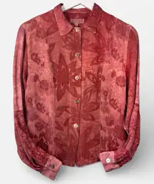 Citron Santa Monica Silk Button Up Light Red Floral Textured Blouse Small