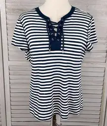 CHAPS Striped Tee Grommet Laced Neckline Navy/White-Large