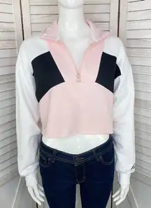 Hollister Color Block 1/4 Zip Cropped Sweatshirt Pink Black White XS