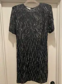 VTG 80s Stenay Black Sequin Formal Cocktail Party Above Knee Short Sleeve Dress