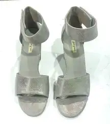 Paul Green Block Heel Leather Metallic Sandals Ankle Strap Pewter Silver
