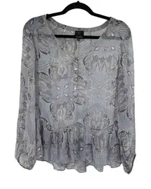 Ella Moss Blue Floral 100%‎ Silk Sheer Blouse