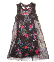 NWT BIYA Johnny Was Sheer Printed Mesh Shift Embroidered Dress w/ Slip M