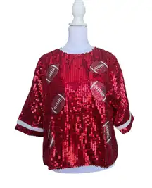 College Game Day Red Sequin Short Sleeve Shirt Top Womens Size Medium