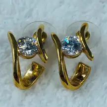 Gold Tone Pierced Earrings with Cubic Zirconia Crystal Rhinestone Clear Faceted