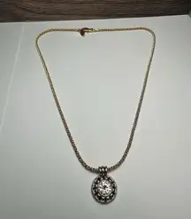 Talbots Clear Rhinestone Two Tone Pendant Gold Tone Chain Necklace Signed