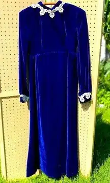 Neiman Marcus Vintage Blue Velvet  long sleeve Gown with White lace trim