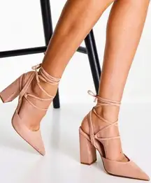 ASOS DESIGN Panda tie leg block heel shoes in taupe