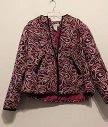 Passports 100% Silk Women’s pink, purple swirly, puffer jacket, size 2x