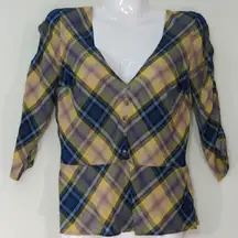 Express Yellow‎ & Blue Plaid V-Neck Button Peplum Top Small