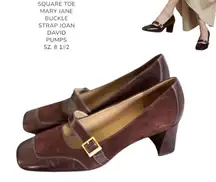 90'S VTG. BROWN SUEDE BUCKLE‎ SQUARE TOE MARY JANE PUMPS JOAN & DAVID SZ. 8 1/2.