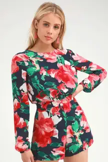 Lulus‎ Sweetest Song Backless Long Sleeve Floral Print Shorts Romper Size Large