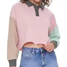 FOREVER 21 Cropped Polo Shirt Long Sleeve Collared Raw Hem Colorblock Pink Small