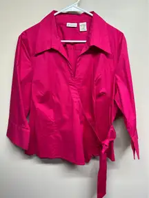St Johns Bay Womens X Large Wrap Shirt Pink Cotton Blend 3/4 Sleeve Tie Waist