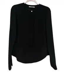 J. Brand black round neck snap front blouse rounded hem top M