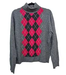 Apt. 9 100% Cashmere Sweater Womens XL Grey & Red Argyle Turtleneck Preppy Soft