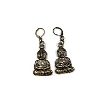 Brassy Gold Buddha Hamsa Buddhism Charm Rustic Clasp Dangle Earrings OS