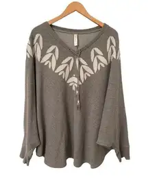 CACIQUE Sweater Poncho Gray Jersey Knit White Floral V-Neck Tie neck 18/20