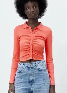 Zara RUCHED RIB POLO SHIRT Button Down Size S
