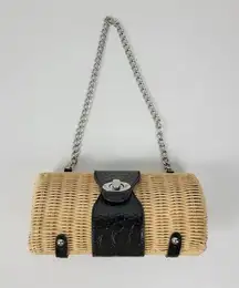 Womens Baguette Shoulder Bag Barrel Wicker Patent Leather Turn Lock Silver Chain