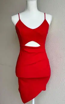 red asymmetrical bodycon mini dress