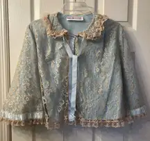 Vintage 60s Odette Barsa Aqua
Blue White Lace Overlay lingerie jacket size S