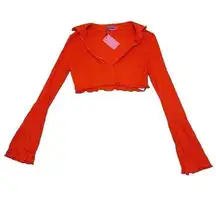 Edikted XL Red Orange Crop Top Long Sleeve Waffle Collared Festival Party