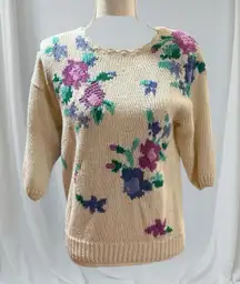 Koret Sweater Beige Scallop Vintage Neck Floral Multi Print Short Sleeve Size L
